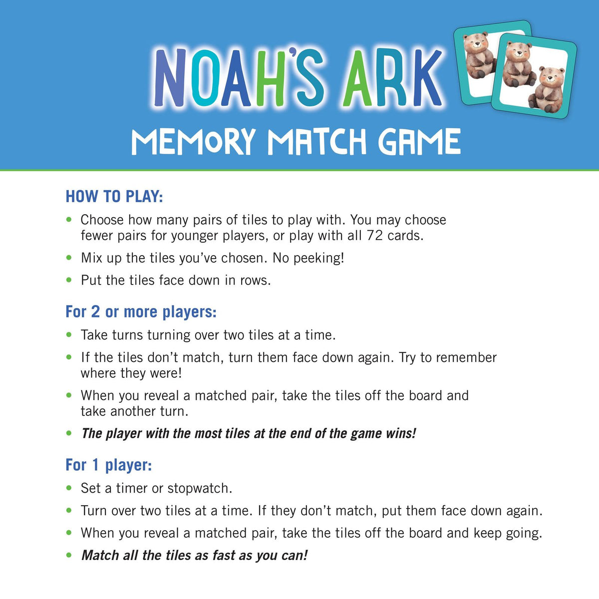 Noah's Ark Memory Match Game (set of 72 cards)